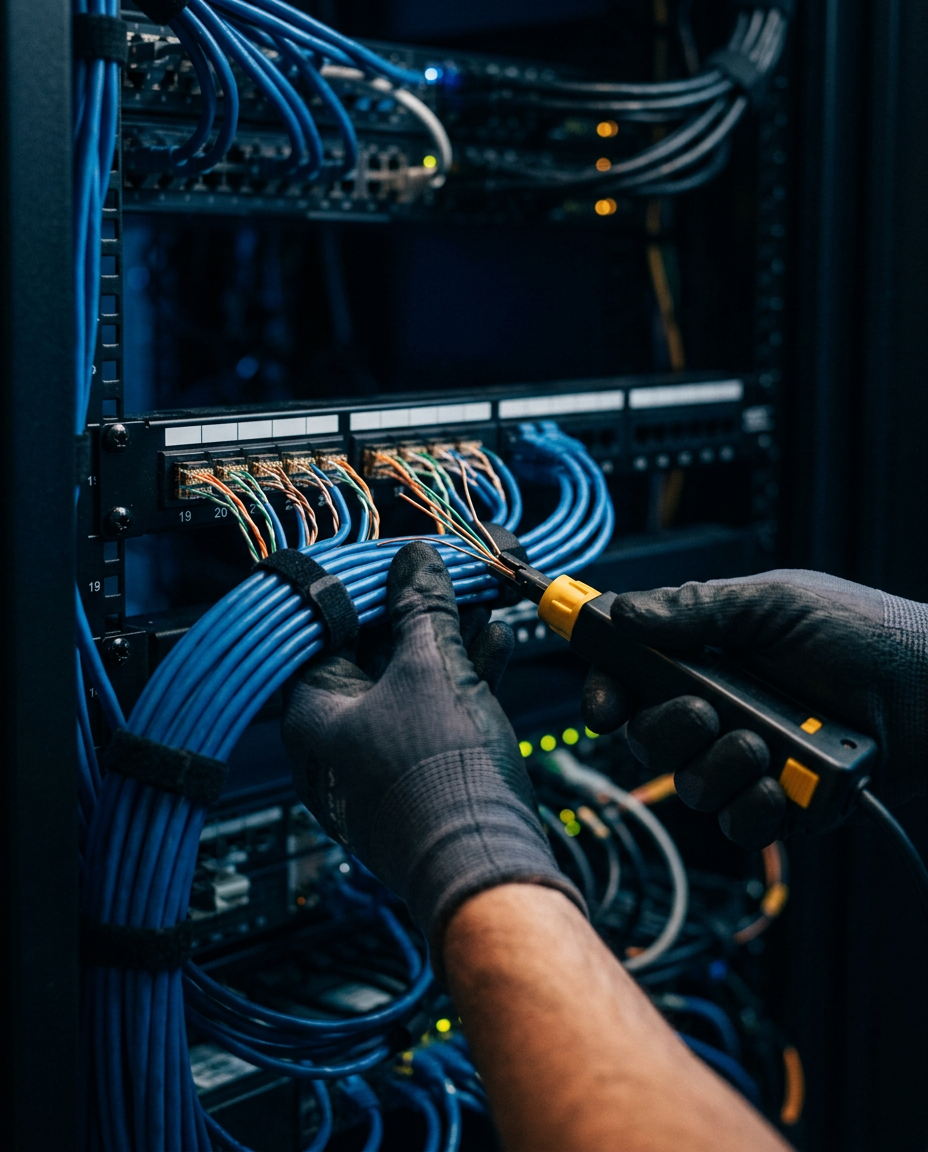 Technician neatly terminating blue Cat-6 cables into a patch panel