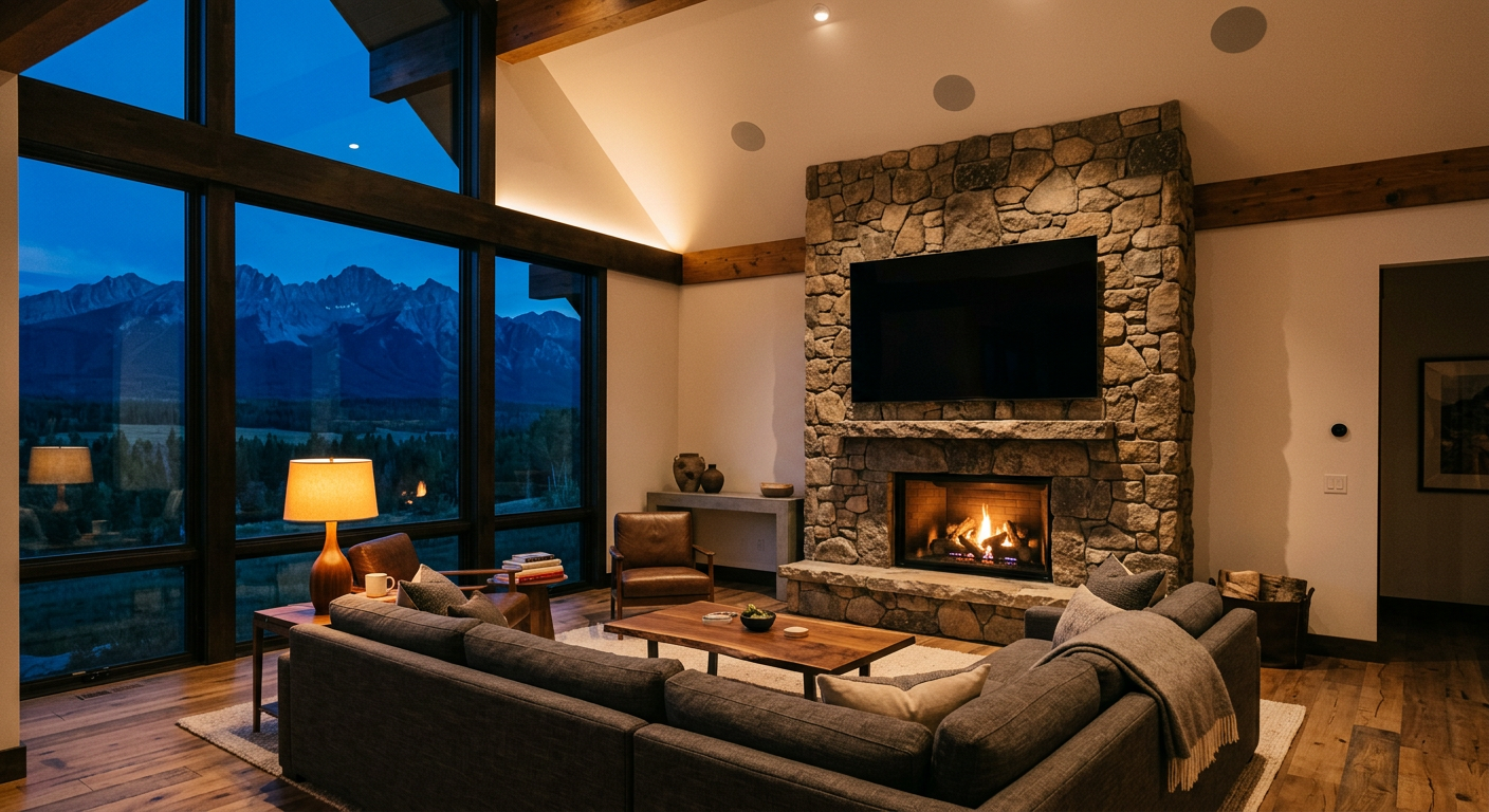 Great room with a TV mounted on a stone fireplace, in-ceiling speakers and mountain views