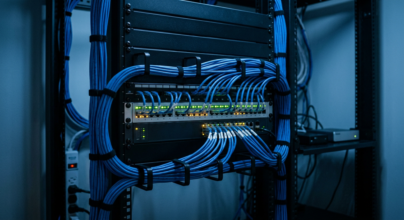 Neatly dressed blue Cat-6 patch cables in a professionally installed network rack