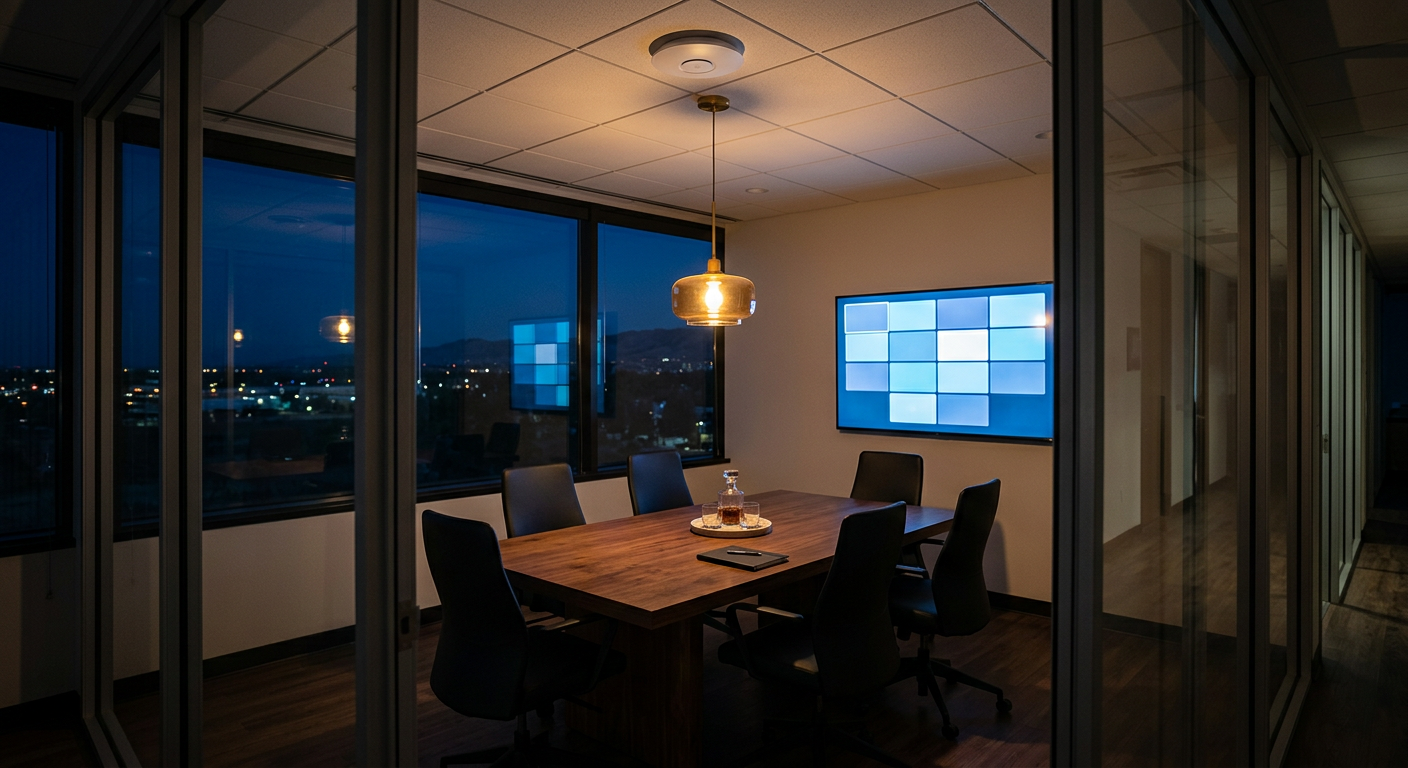 Conference room with a wall display and a ceiling-mounted Wi-Fi access point at dusk