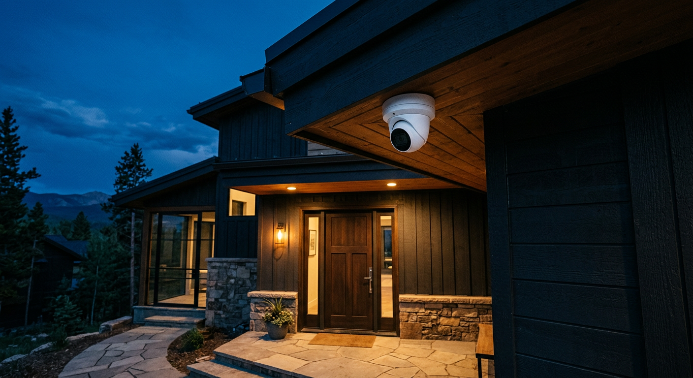 White security camera mounted under the eave above a modern front entry at dusk