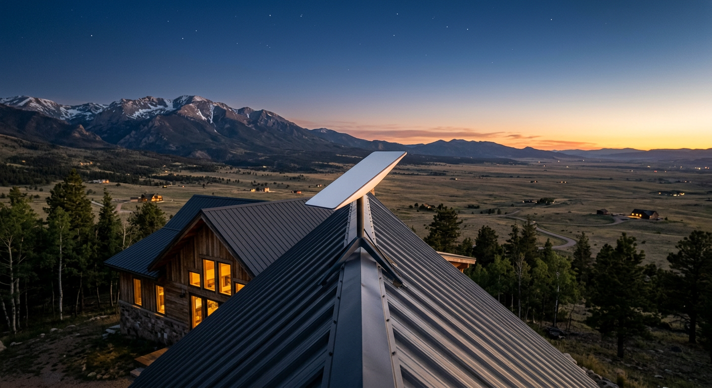 Starlink dish mounted on a metal roof ridge overlooking the Colorado foothills at dusk