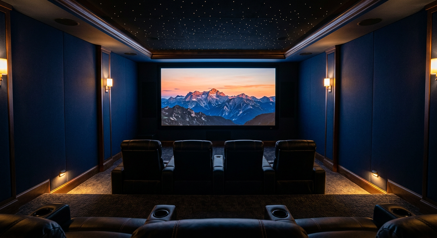 Dedicated home theater with leather recliners, a star ceiling and a large projection screen