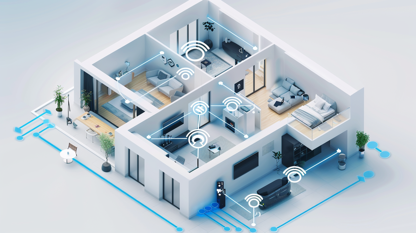 Isometric smart home network infrastructure showing WiFi connectivity throughout modern home